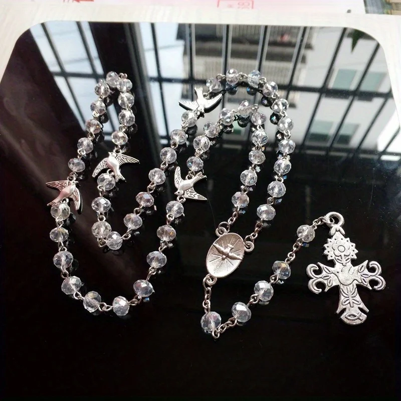 1pc Holy Spirit Dove Medal Rosary Necklace Cross Pendant Crystal Prayer Beads Chain Catholic Church Baptism Communion Jewelry
