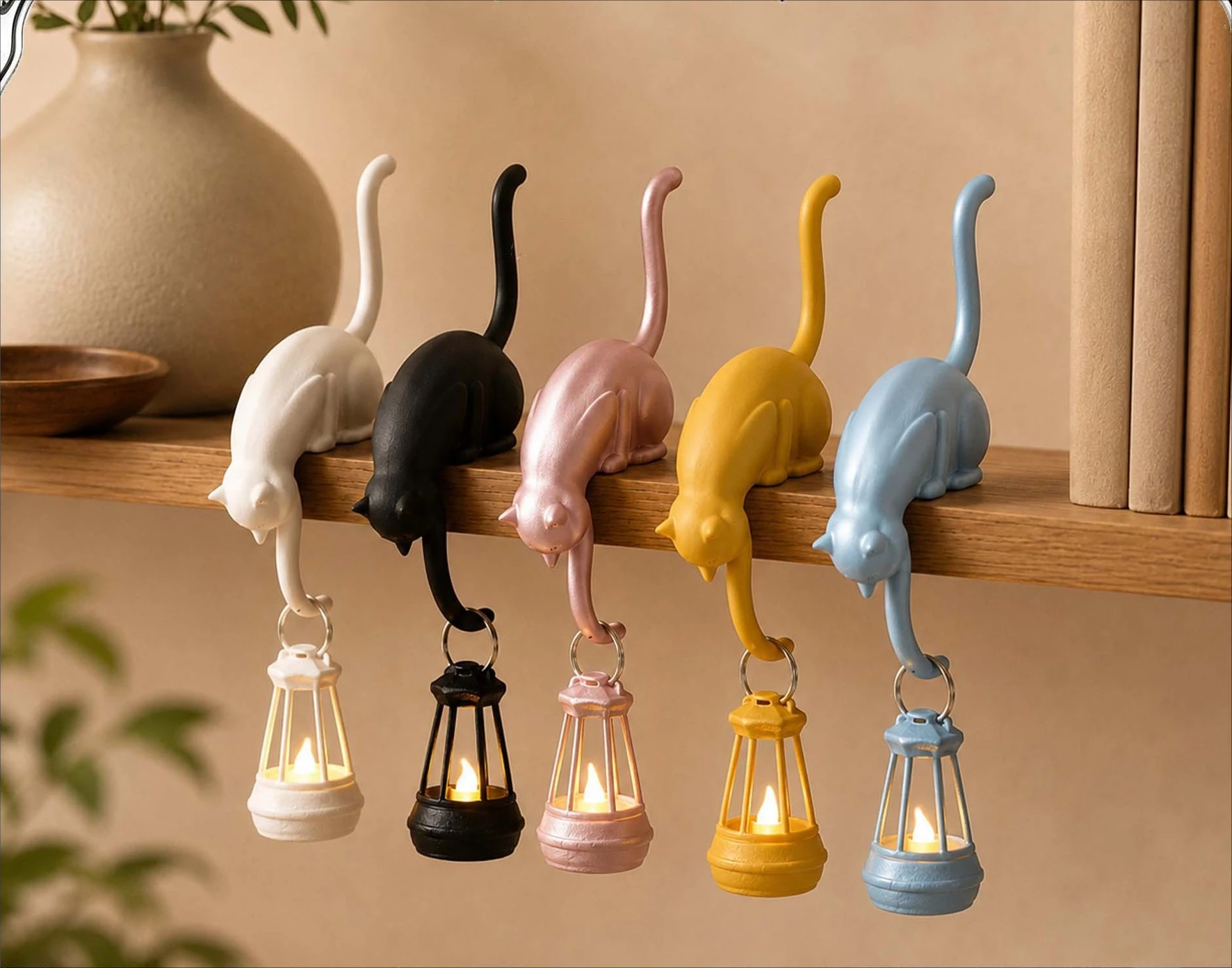 3D Resin Cat Shelf Sitter Figurine With Hanging LED Lantern Cute Cat Statue Tealight Lamp Home Desktop Shelf Ornament Decor Gift