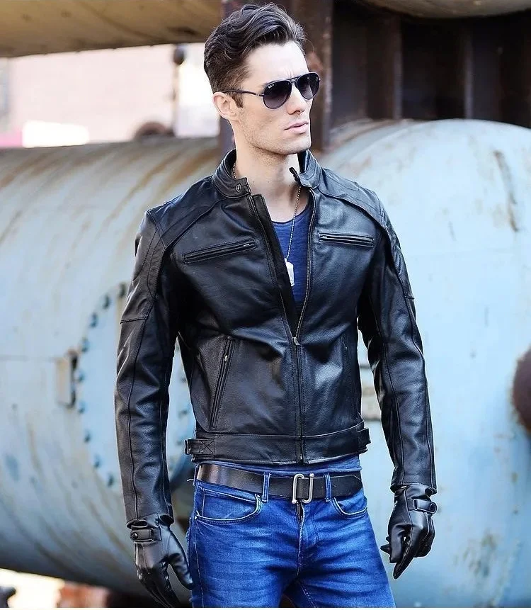 Shop Best.Motor Biker real leather jacket,quality Classic rider clothes,man Protectable thick cowhide coat.