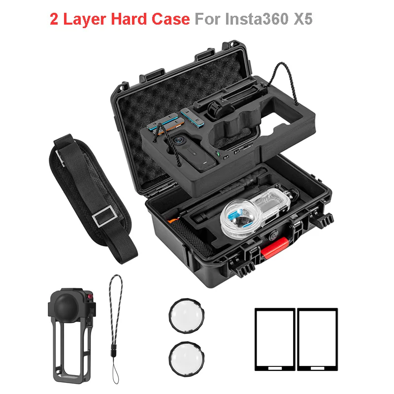 

2 Layers Portable Travel Waterproof Hard Case 2 Glass Film Silicone Cover Set For Insta360 X5 Accessory Suitcase Carrying Case