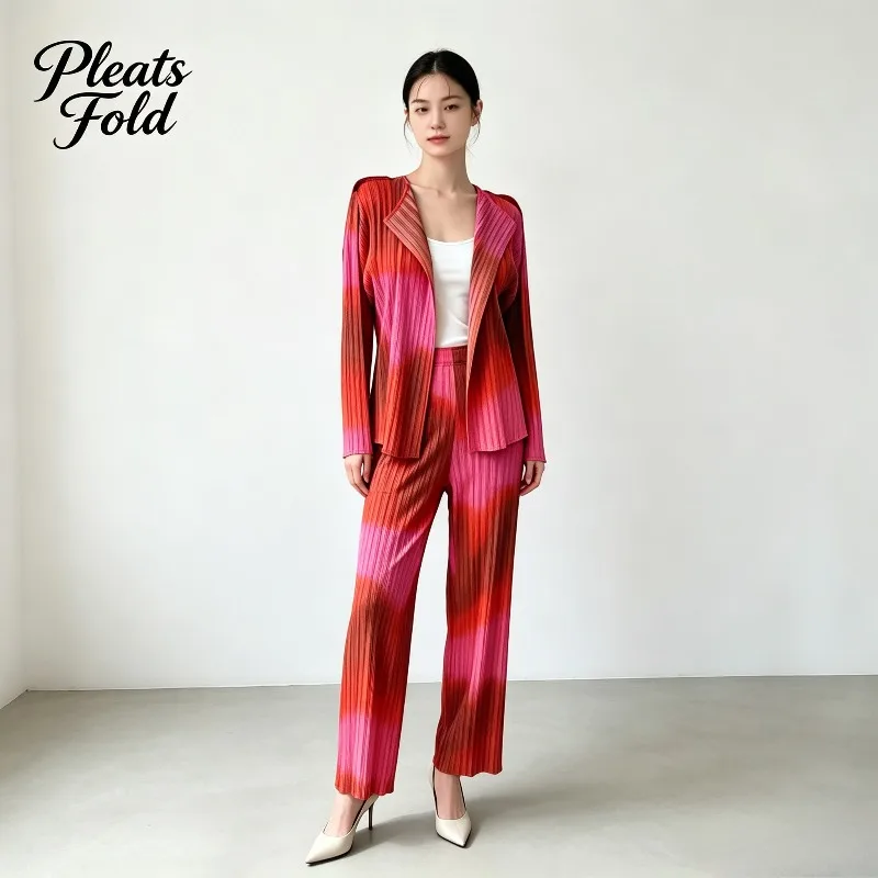 Miyake Pleated 2026 New Gradient Tie-Dye Cardigan Set for Women Long Sleeve Jacket Skirt Wide-Leg Pants Two-Piece Commuter Set