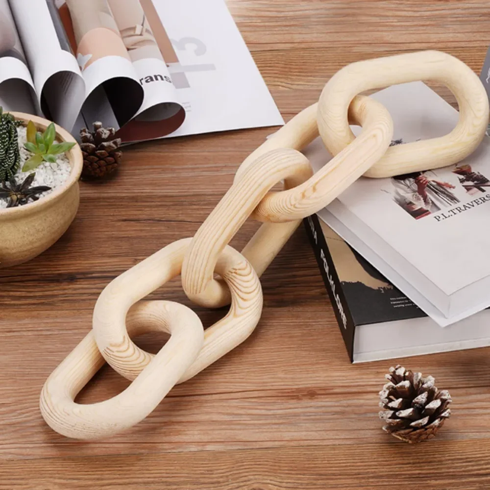 

Boho Style Chain Link Wooden Hand Carved 5-Link Chain Art Craft Ornament for Table Tray Farmhouse Office Rustic Decoration