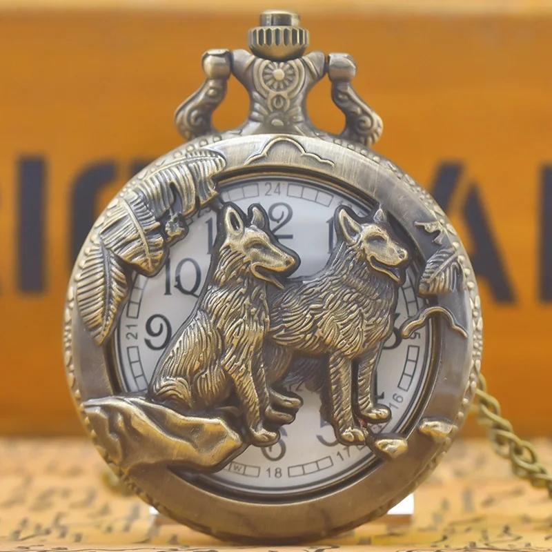 Steampunk jam tangan saku Quartz hewan serigala potongan perunggu Vintage kalung jam liontin rantai hadiah Pria Wanita