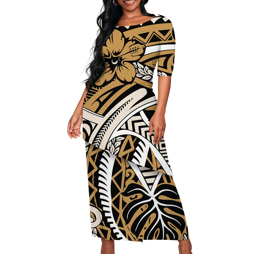 Samoa Club Ladies Set Skirt Large Crew Neck Polynesian Ladies Puletasi Custom Vintage Design Slit Maxi Dress Hawaiian Islands