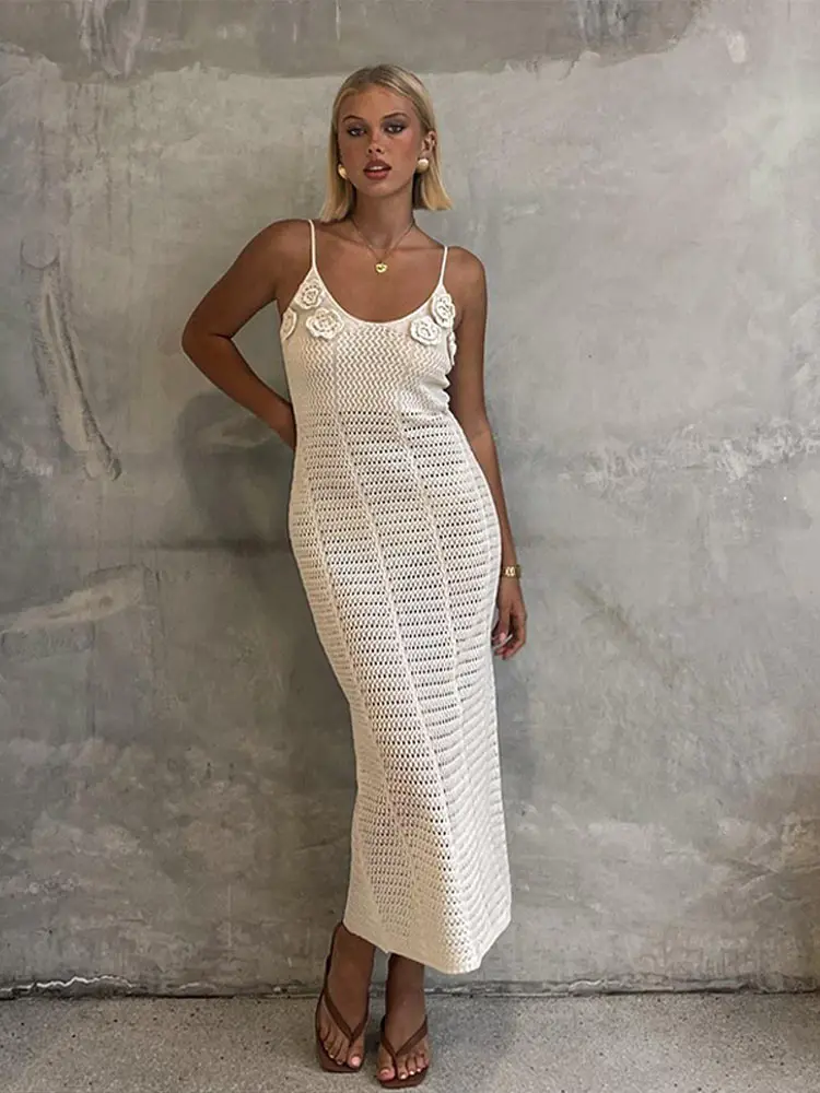 Abito lungo da spiaggia senza maniche in maglia con scollo a V trasparente sexy, decorazione floreale tridimensionale, abiti da festa da donna