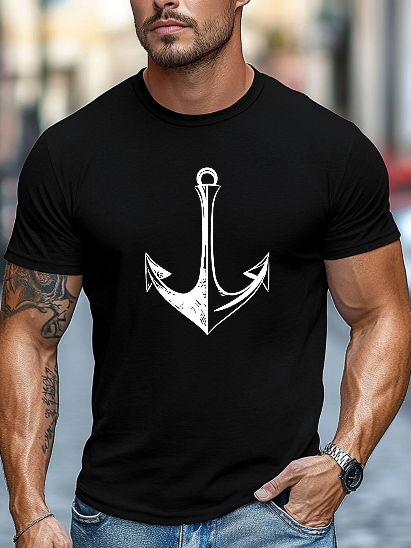 Men Navy Crew Neck Tee White Vintage Line Anchor Silhouette Nautical Ocean Sailor Minimal Sea Theme Soft Cotton Male Casual Tops