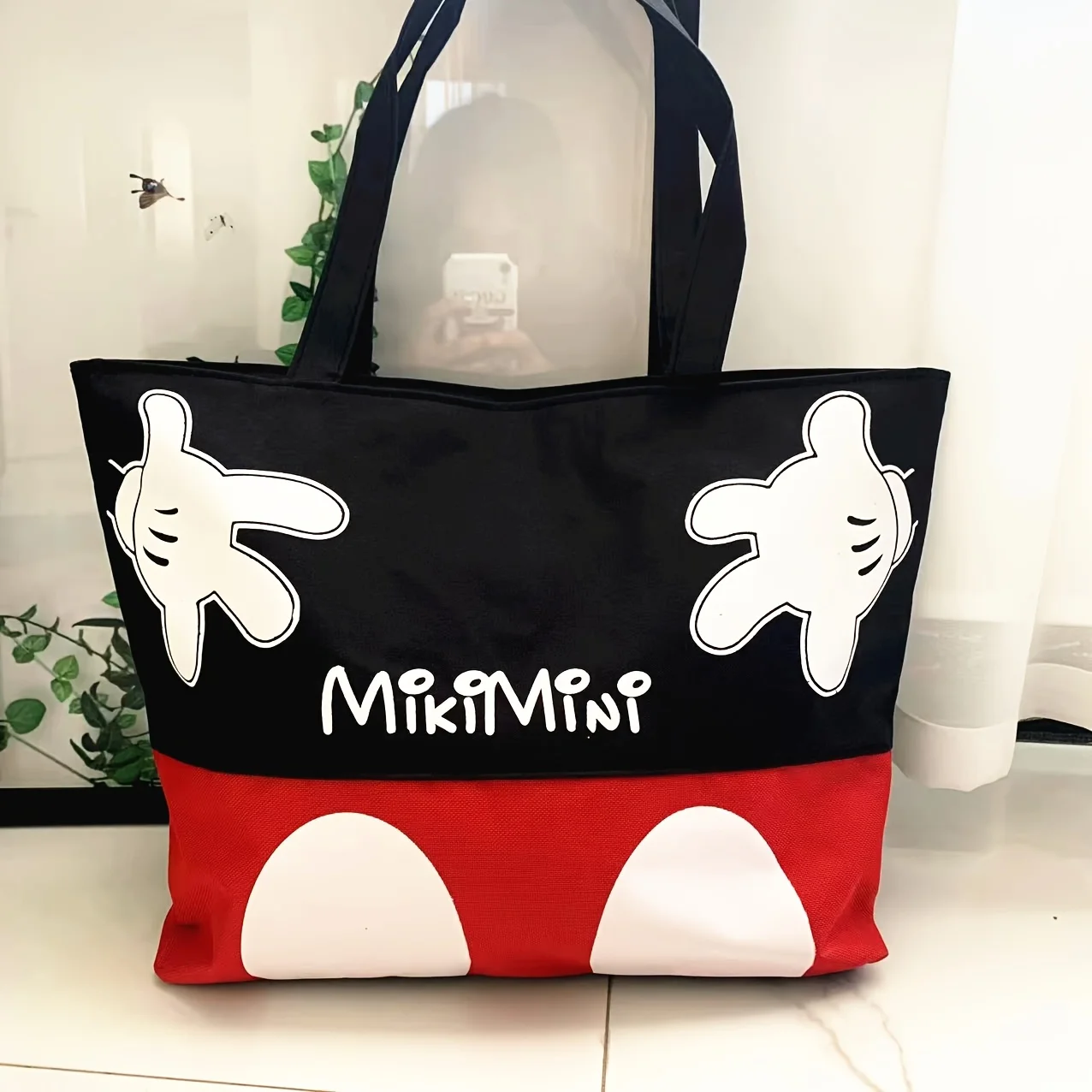 

Mickey & Minnie Mouse Sweet Style Tote Bag -Large Capacity Zipper Closure, Black with Red Accents, Playful Print Design