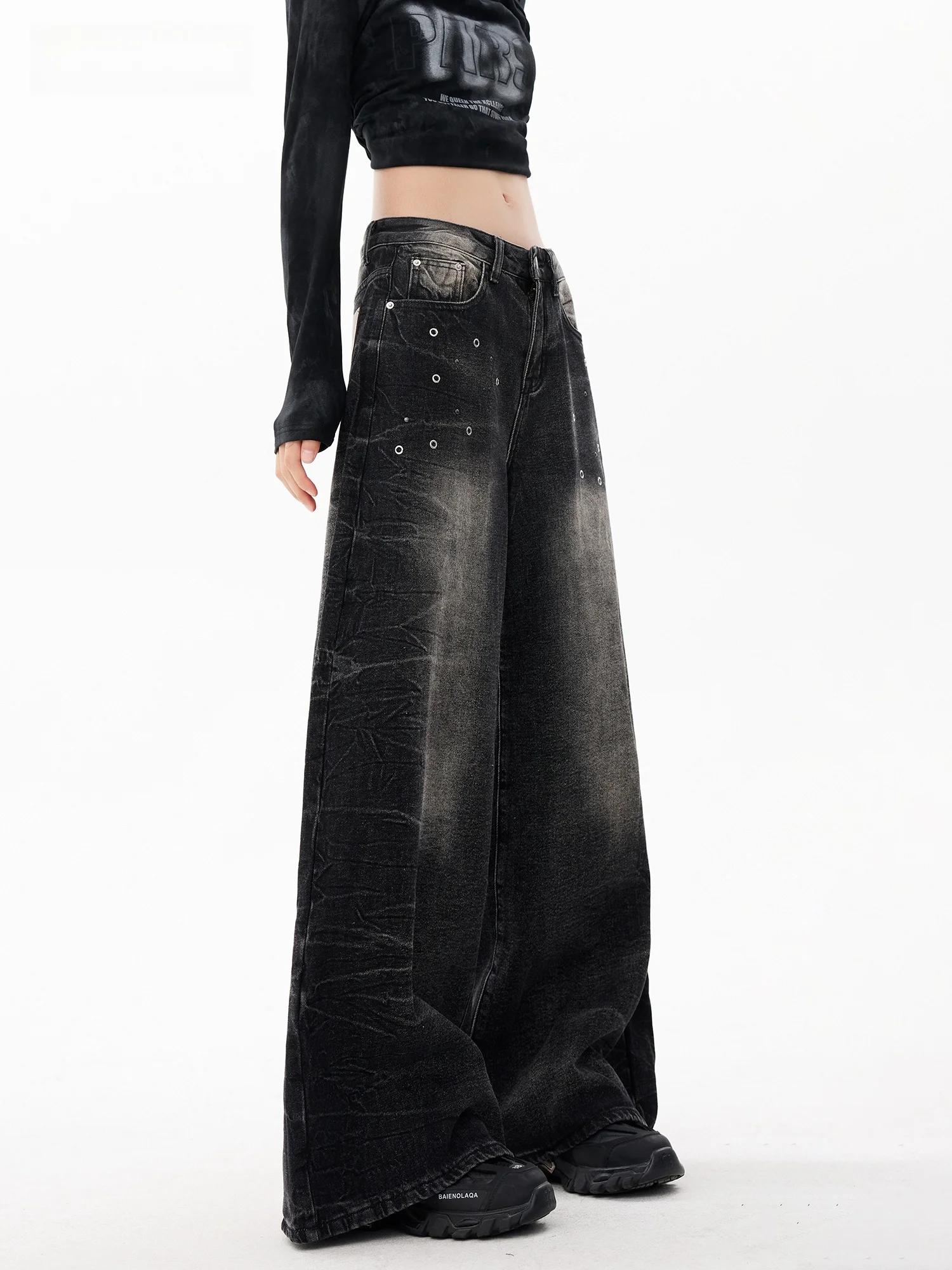 

Женские широкие джинсы из кожи и пэчворка, утепленные, для зимы, уличный стиль, свободный крой, расклешенные брюки, с эффектом влагостойкой текстуры