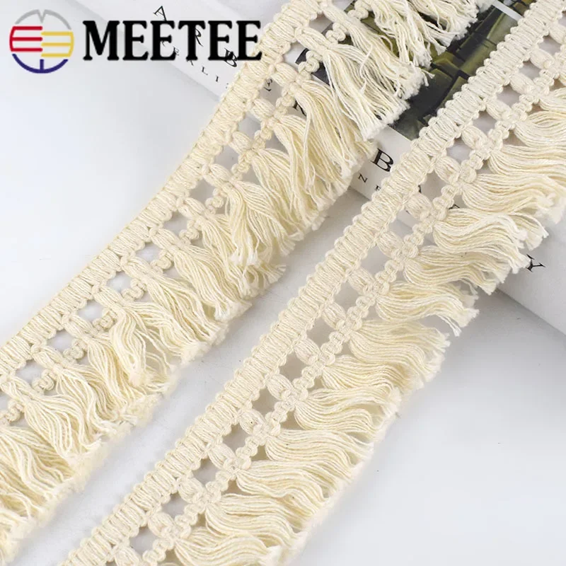 8Meters 45mm Wide Beige Cotton Fringe Lace Trim Fabric Tassel Ribbon DIY Sewing Curtain Laces Home Decor Garment Craft Material