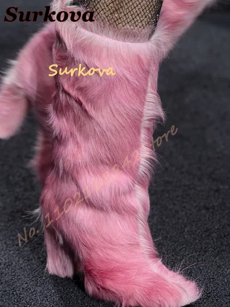 Pink Fur Snow Boots Round Toe Thick Heel Side Zipper Winter Boots Warm Fashion Catwalk Modern Boots Elegant Fur Women'S Shoes 46 - view 6