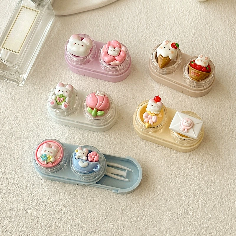 علبة عدسات لاصقة على شكل قطة كرتونية، صندوق عدسات لاصقة صغير محمول مع مجموعة عصا شفط الملقط، تخزين عدسات السفر للنساء والفتيات #1