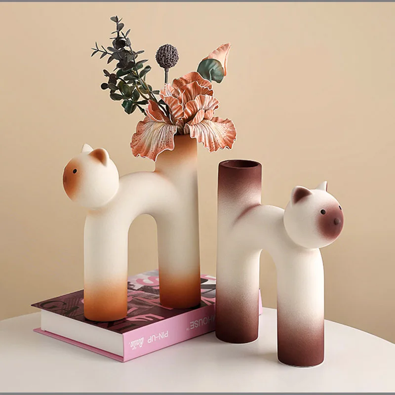 

European Style Cat Ceramic Flower Vase Living Room Table Art Flower Arrangement Container Creative Desktop Hydroponic Container