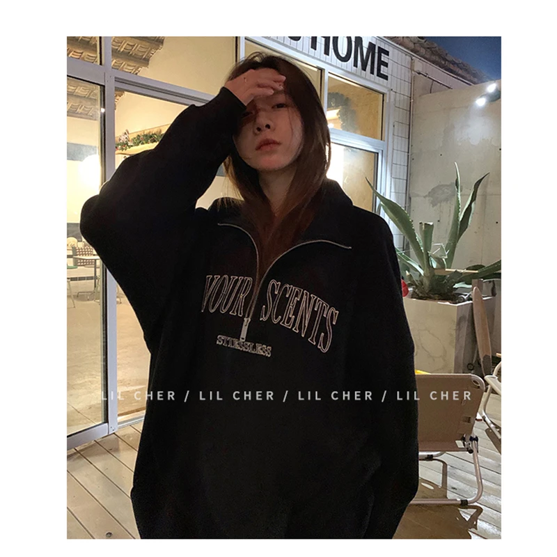 Womens Grey Hoodie Sweatshirt Long Sleeve Korean Fashion Baggy American Style Letter Printing Casual Female Tops Pullover Hoodie