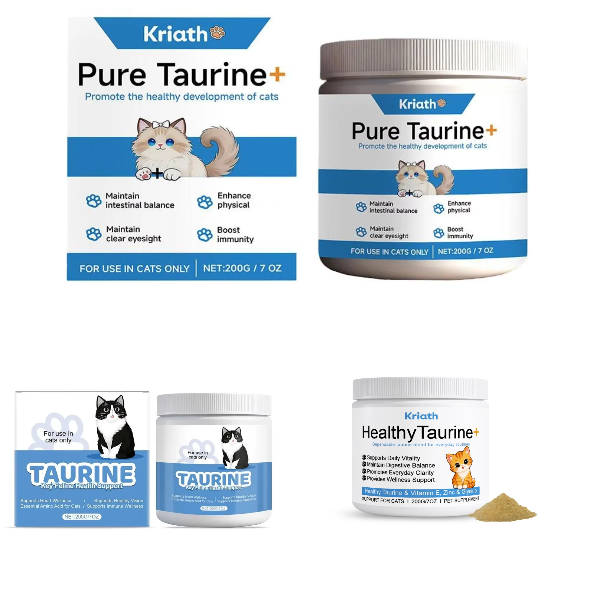200g Cat Body Health Care Powder 99.9% Pure Taurine VE Zinc Supports Digestion & Enhancing Immunity for Pets with Sensitive Inte
