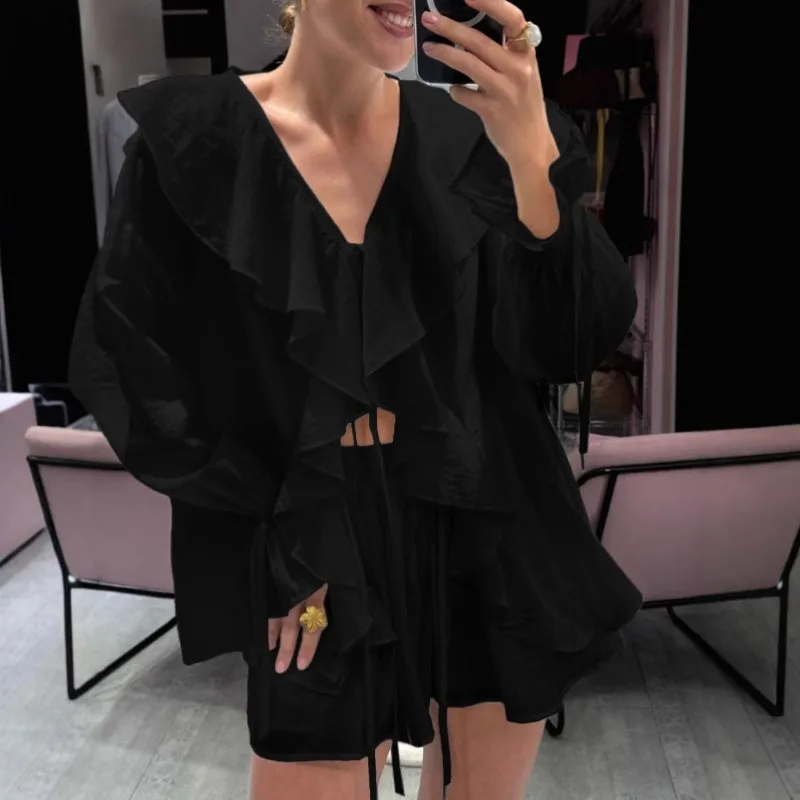 Férias de verão manga longa plissado rendas até chiffon shorts terno feminino casual decote em v sólido solto shorts conjunto 2025 feminino novas roupas