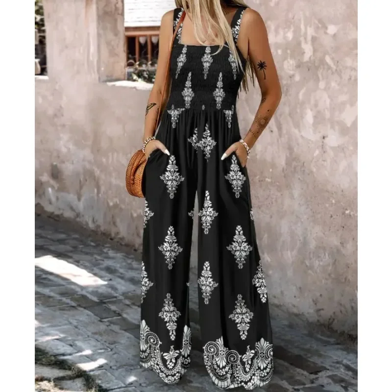 

Plus Size New Women Print Sling Sleeveless Jumpsuits Ladies Casual Wide Leg High Waist Casual Loose Rompers