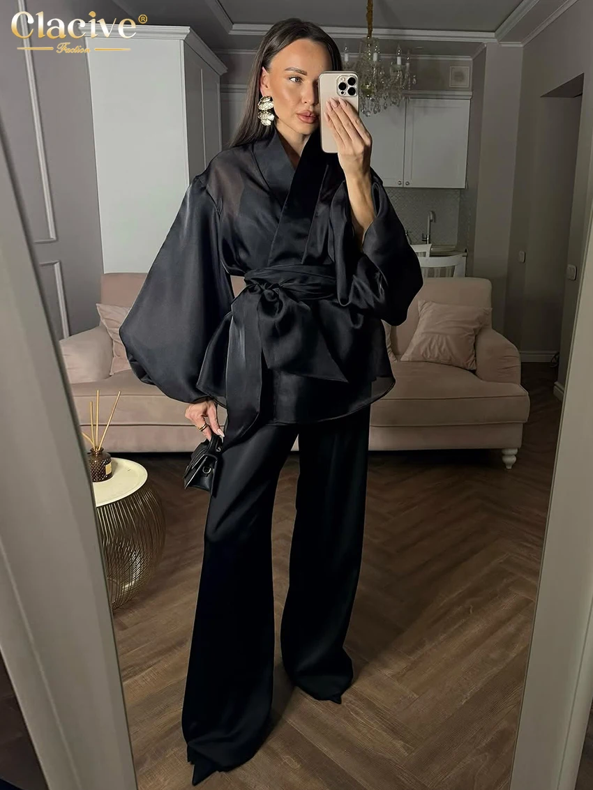 Clacive Fashion Loose Black Women's Shirt 2025 Casual V-Neck Puff Sleeve Shirts Elegant Classic Lace-Up Top Female Clothing