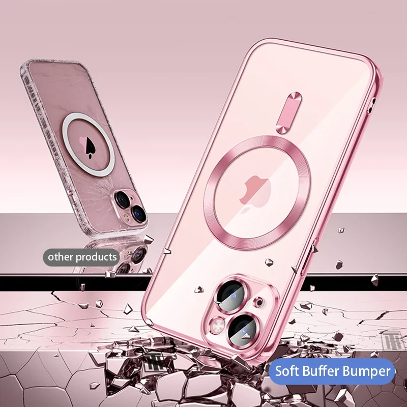 Funda de silicona ultrafina chapada transparente para iPhone, película de lente magnética Magsafe, cubierta protectora, rosa, 16, 15, 14, 13, 12, 11