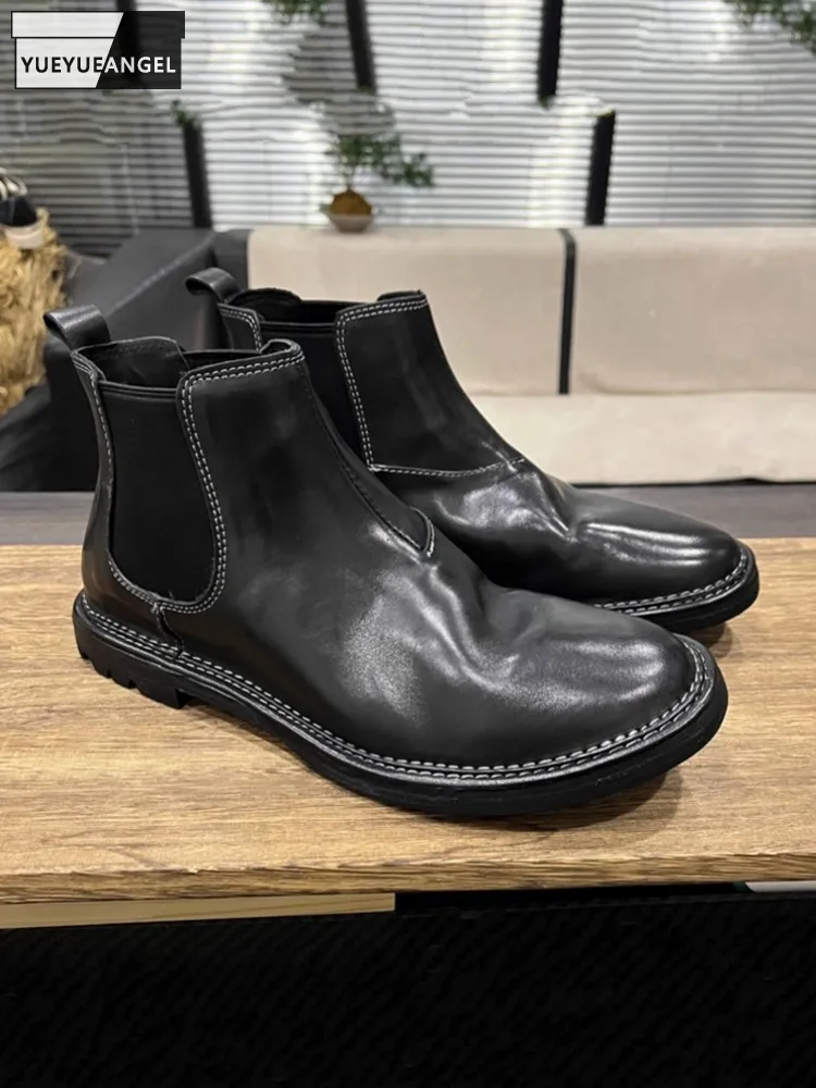 

Повседневные мужские высокие удобные ботильоны «Челси» из конской кожи с круглым носком, мужская модная дышащая обувь без шнуровки из натуральной кожи