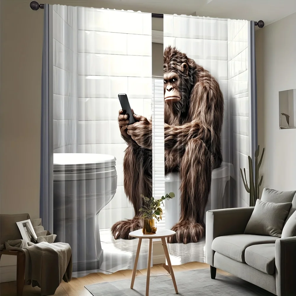 Funny Gorilla Curtain, Bigfoot Phone Window Drape, Humorous Monster Blackout Panel, Living Room Bathroom Home Decor