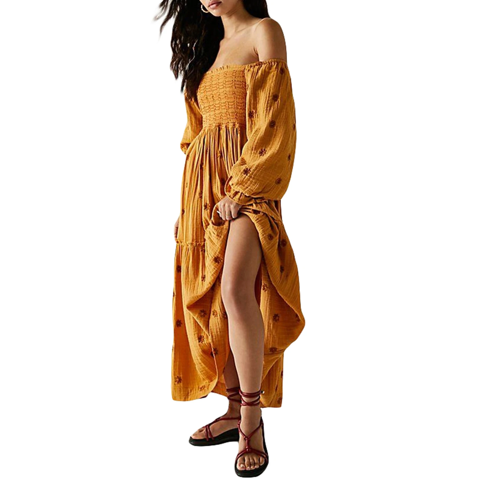 Dames Zomer Casual Lange Jurk 3d Geborduurde Bloemen Jurk Met Vierkante Hals En Pofmouwen, Mode Jurk Met Rugloze A-Lijn