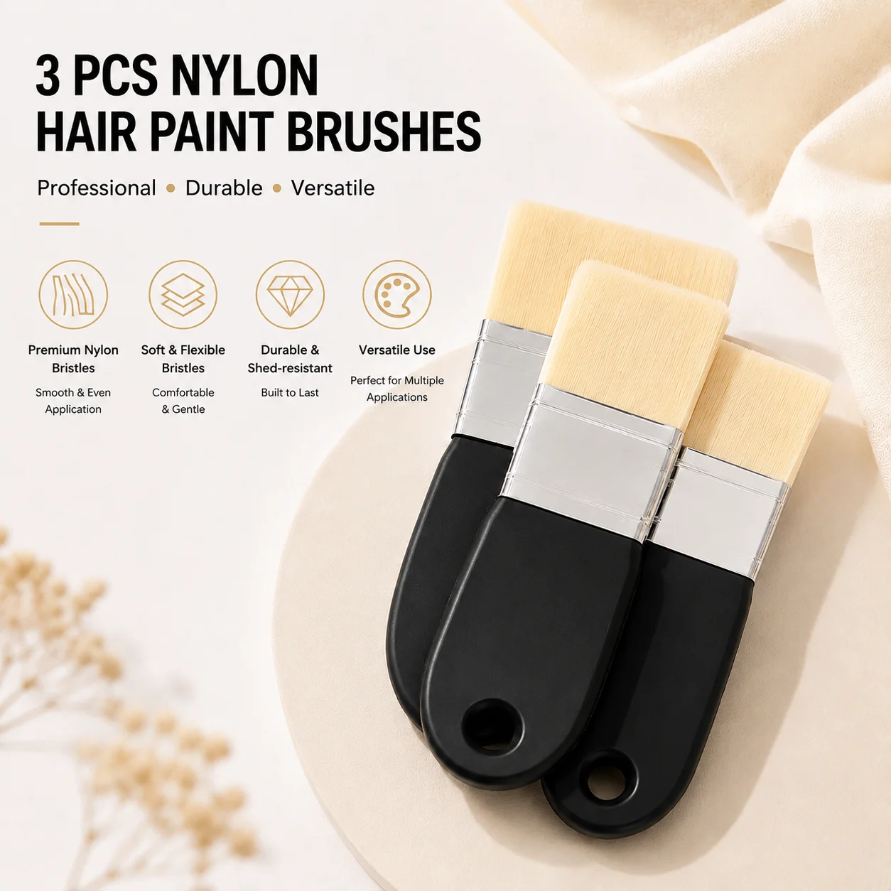 3PCS Flat Paint Brush Set, Nylon Bristle Paint Brushes for Acrylic Watercolor Gouache, Wide Paint Brush for Large Area Painting