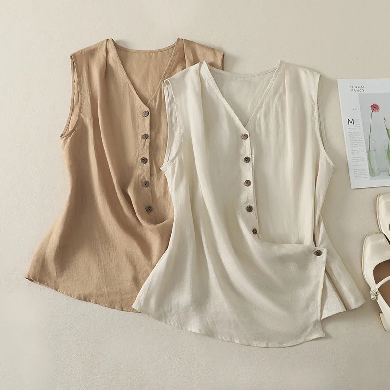

Women Solid Vest Shirt Basic Sleeveless Tops V Neck Single Breasted Slight Strech Thin Loose Fit Office Lady Casual 2026 Summer
