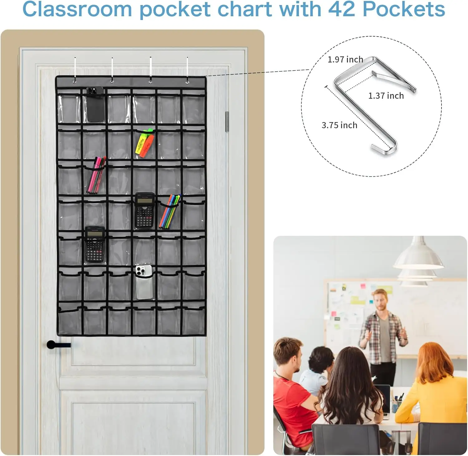 42 Pocket Classroom Pocket Chart for Cell Phones and Calculator Clear Cellphone Pocket Chart for Classroom with Hooks