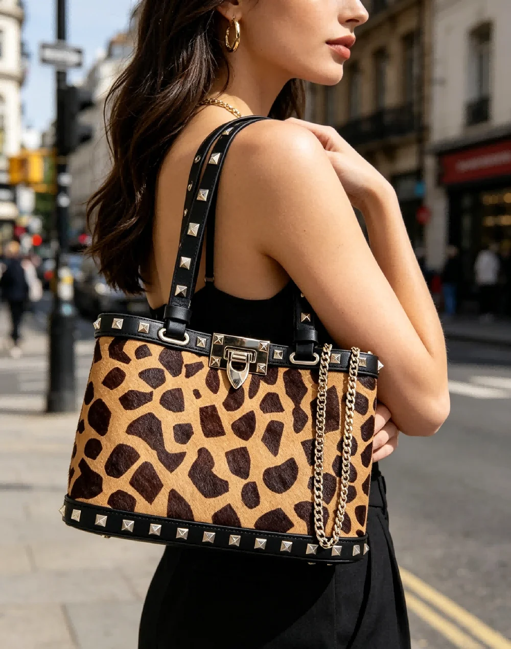

Модная женская сумка-тоут с леопардовым принтом, декорированная заклепками, с завязками на шнурке, для повседневного использования