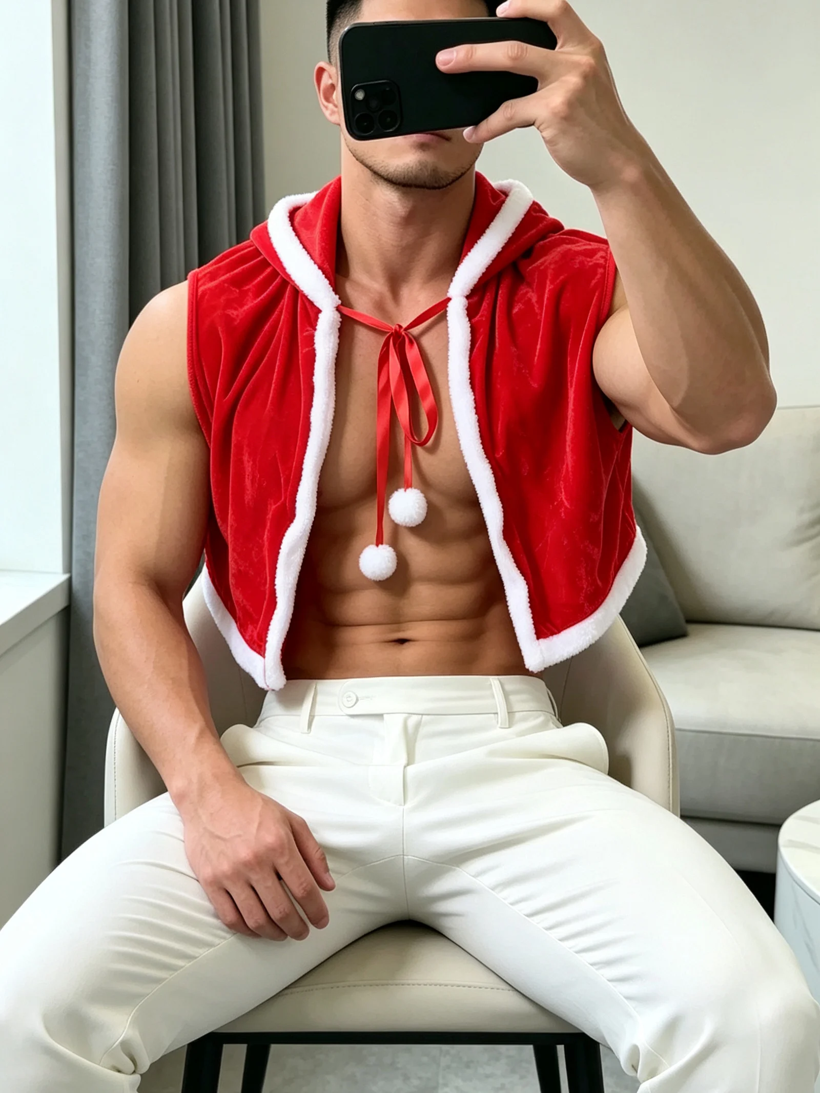 Sexy Weihnachtsoutfit, 2-teiliges Set, kurzer Kapuzenmantel, Weihnachtsmann-Mantel, Mütze, Herren-Cosplay, Samt, Weihnachtsfeier, Rollenspiel-Kostüm – Detail 9
