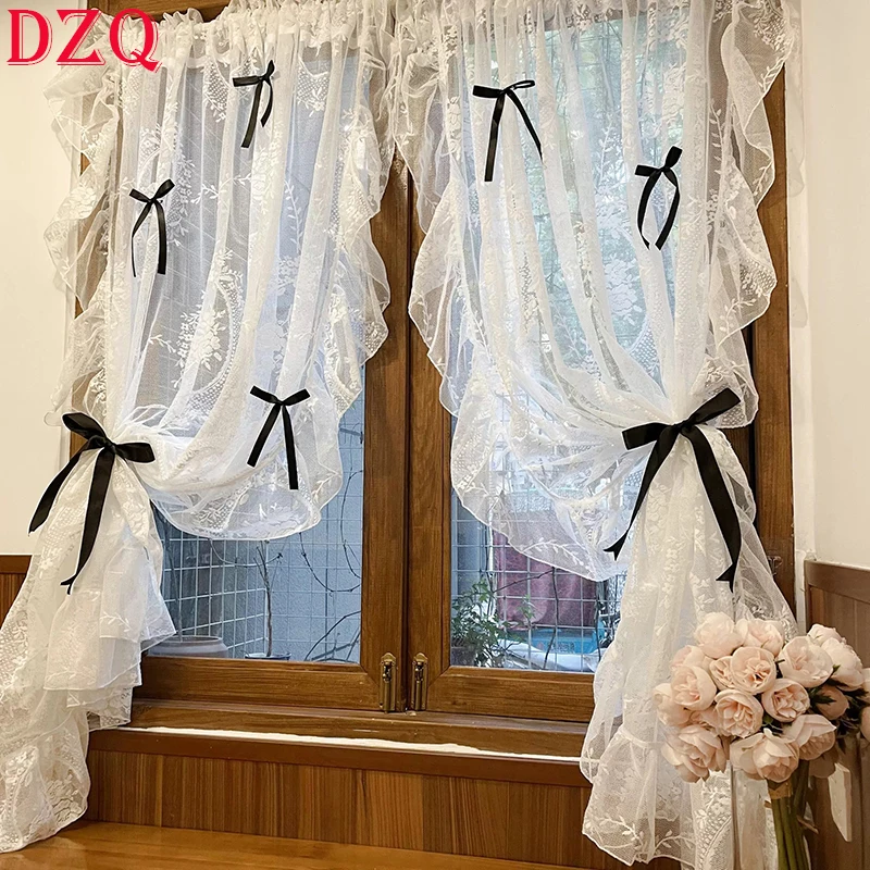 

Idyllic Korean Romantic White Ribbons Tulle Door Curtains Princess French Lace Gauze Ruffled Door Curtains for Living Room #A628