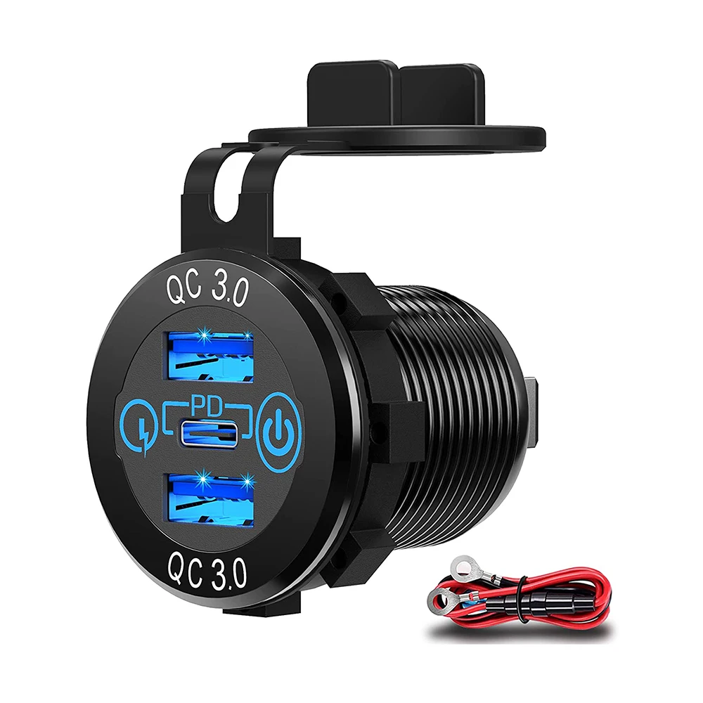 

60W Dual QC 3.0 USB & PD Type-C Triple Socket 12-24V Aluminum Car Charger with Touch Switch Waterproof for Car Boat Marine RV