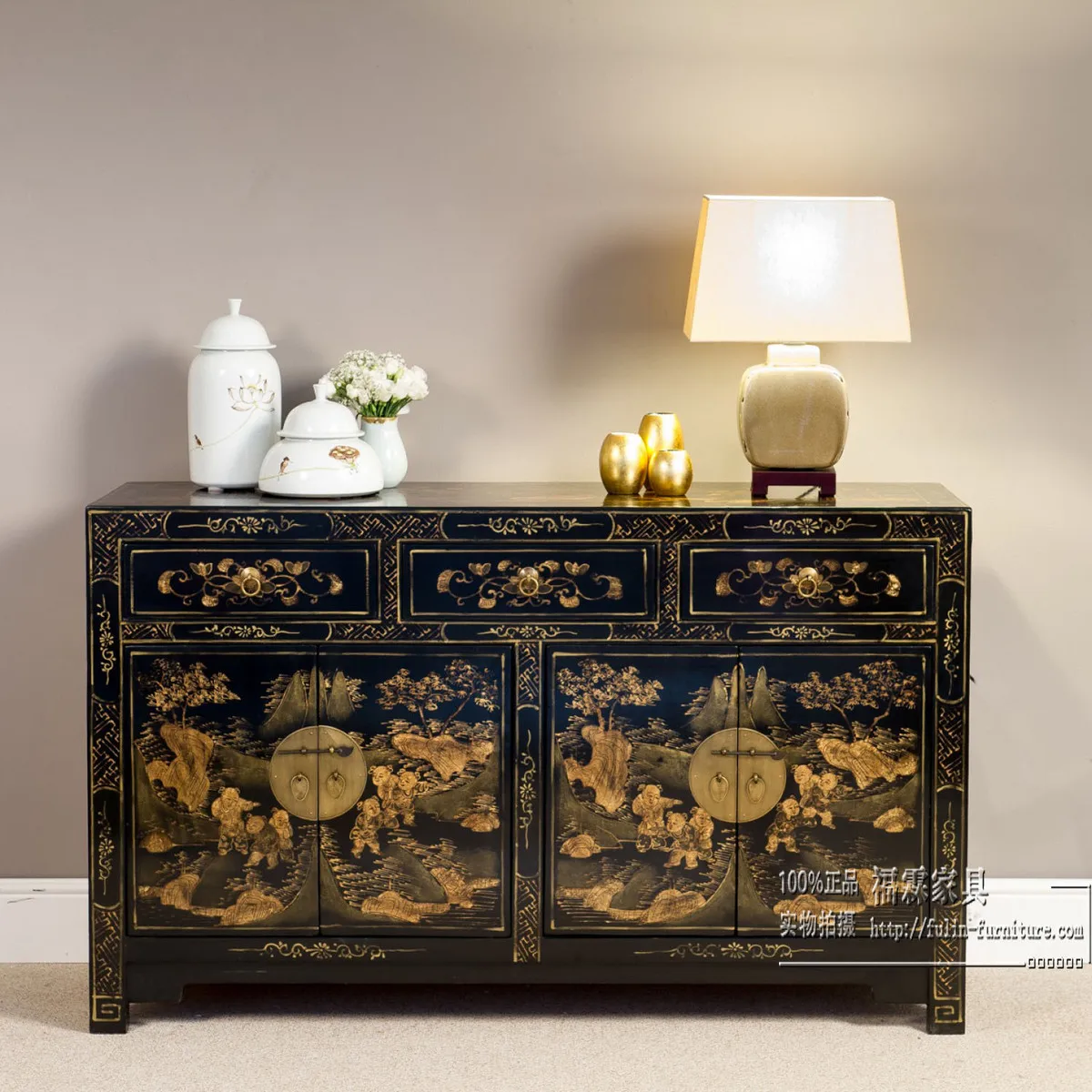 YY Solid Wood Vintage Distressed Furniture Black Painted Gold Sideboard Cabinet Entrance Cabinet