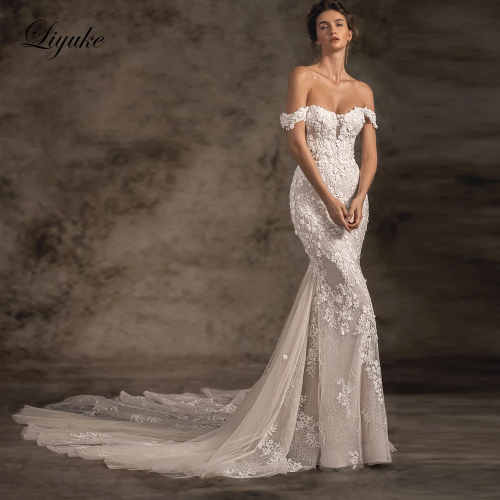 

Liyuke Sweetheart Embroidery Lace Mermaid Wedding Dress Luxury Beading Plears Off The Shoulder Bridal Gowns