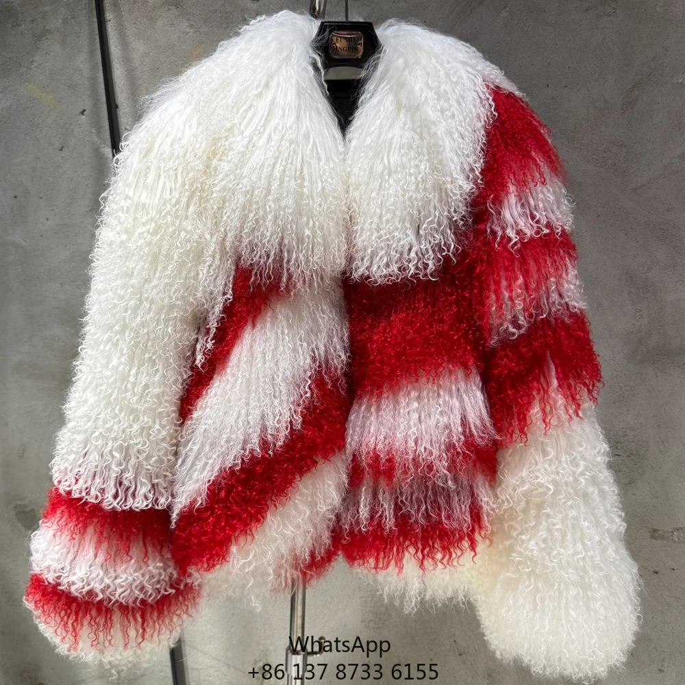 

Winter Thick Fur Coat 2025 Curly Sheep Fur Warm Coat Fluffy Coat With White And Red Fur