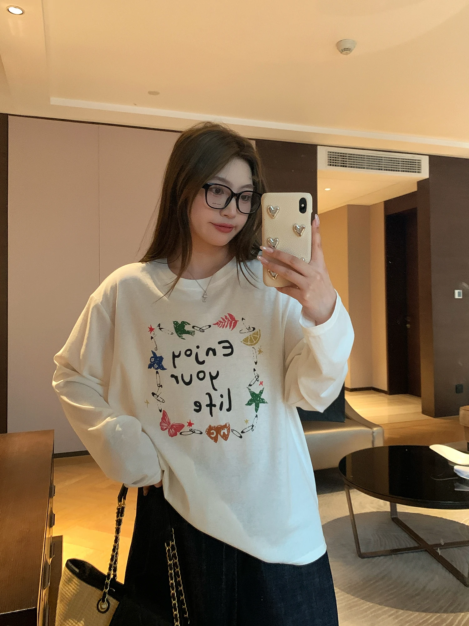 

NAZ Casual Spring Long Sleeve T-Shirt Women's plus Size Versatile Letter Print Comfortable Loose Fit round Neck Top