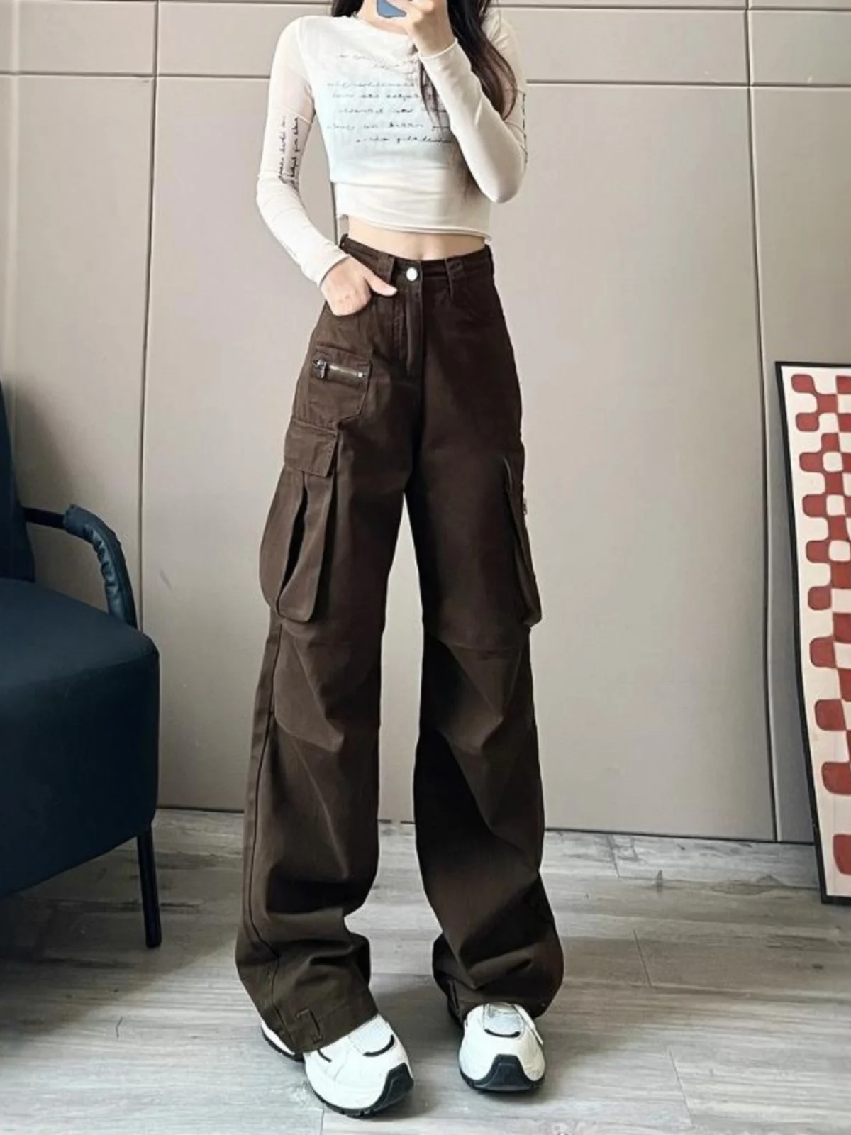 

Женские рабочие брюки Off American Folded Large ket с высокой талией, прямые, широкие штанины, для высоких женщин