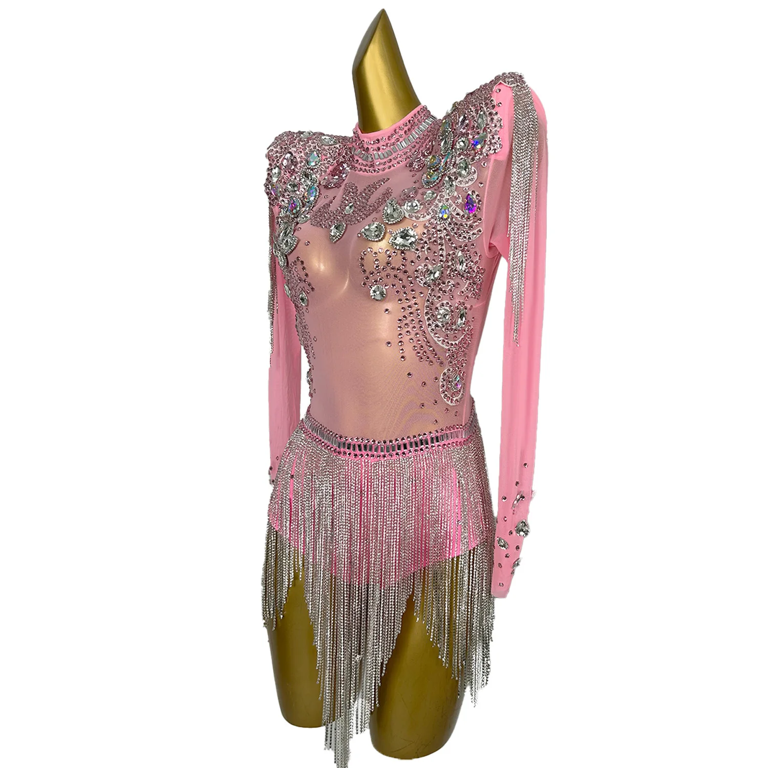 Sexy Lady Rhinestone Tassel Bodysuit Stage Show Pink Jumpsuits Women Rompers Nightclub Birthday Party Dresses Bolihuanghou