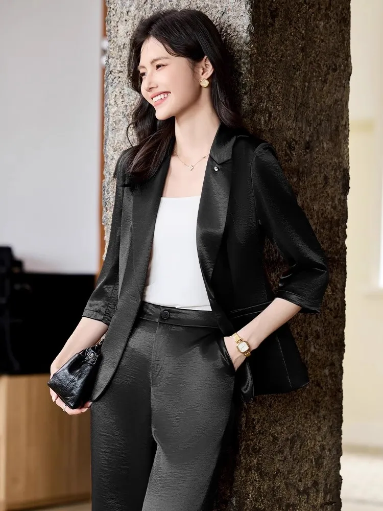 

Black Acetate Satin Light Weight Short Sleeve Suit Jacket for Women Stylish Commute Style Slim Fit Polyester Fiber Pure Color