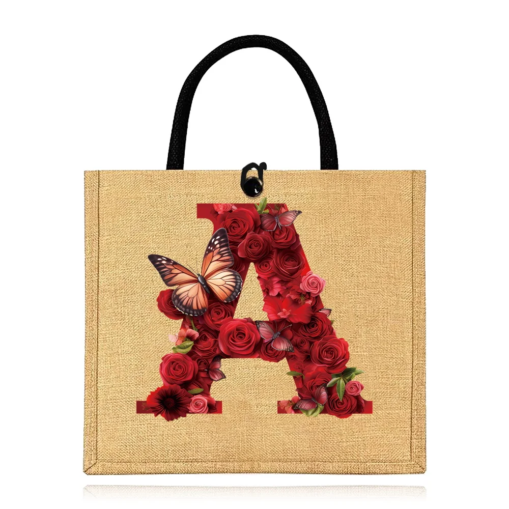 Linen Bag Button Handbag Organizer Storage Jute Tote  Bags Imitation Cotton and Women Shopping Portable Red Rose Printing Series