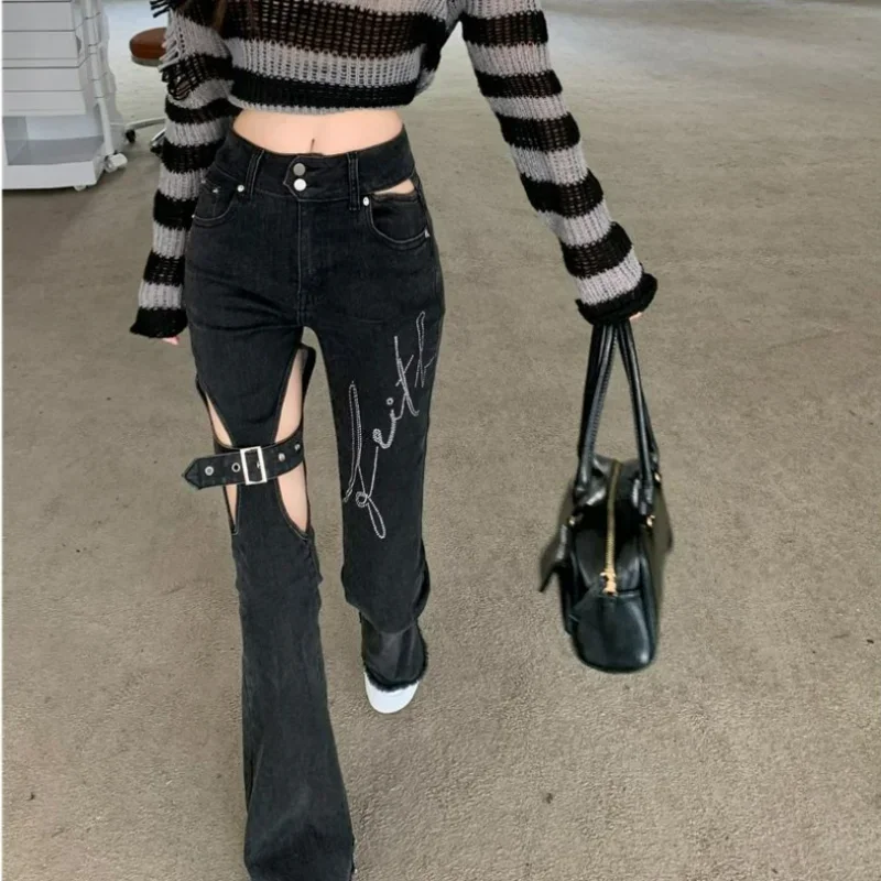 Fashion Hollow High Waist Jeans for Women Spring Summer 2023 Sexy Slim Flare Pants Casual Streetwear Print Black Ripped Jeans