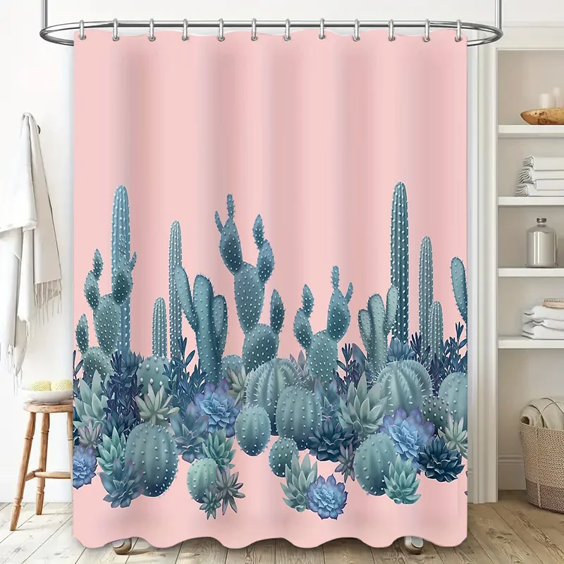 Cactus Shower Curtain Desert Botanical Plants Bathroom Decor Nature Greenery Teal Blue Modern Farmhouse Shower Curtain Sets