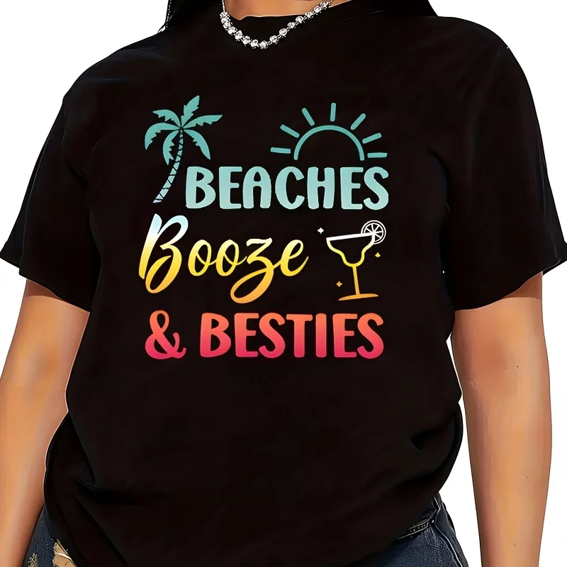 Beaches Booze & Besties Design, Fun Print, Ideal For Travel And Leisure Women's T-Shirt 100% Cotton Funny Graphic Short Sleeve Tee Novelty Shirt Casual Crew Neck Top S-5XL