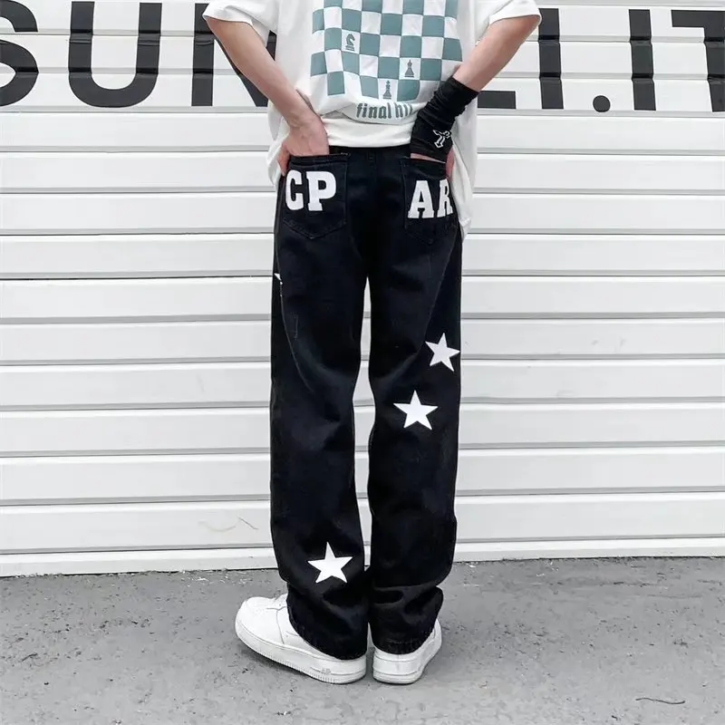 Denim Trousers Y2K Summer Spring Streetwear Vintage Gothic Men Women Straight Loose Jeans Star Printed Men High Street Black