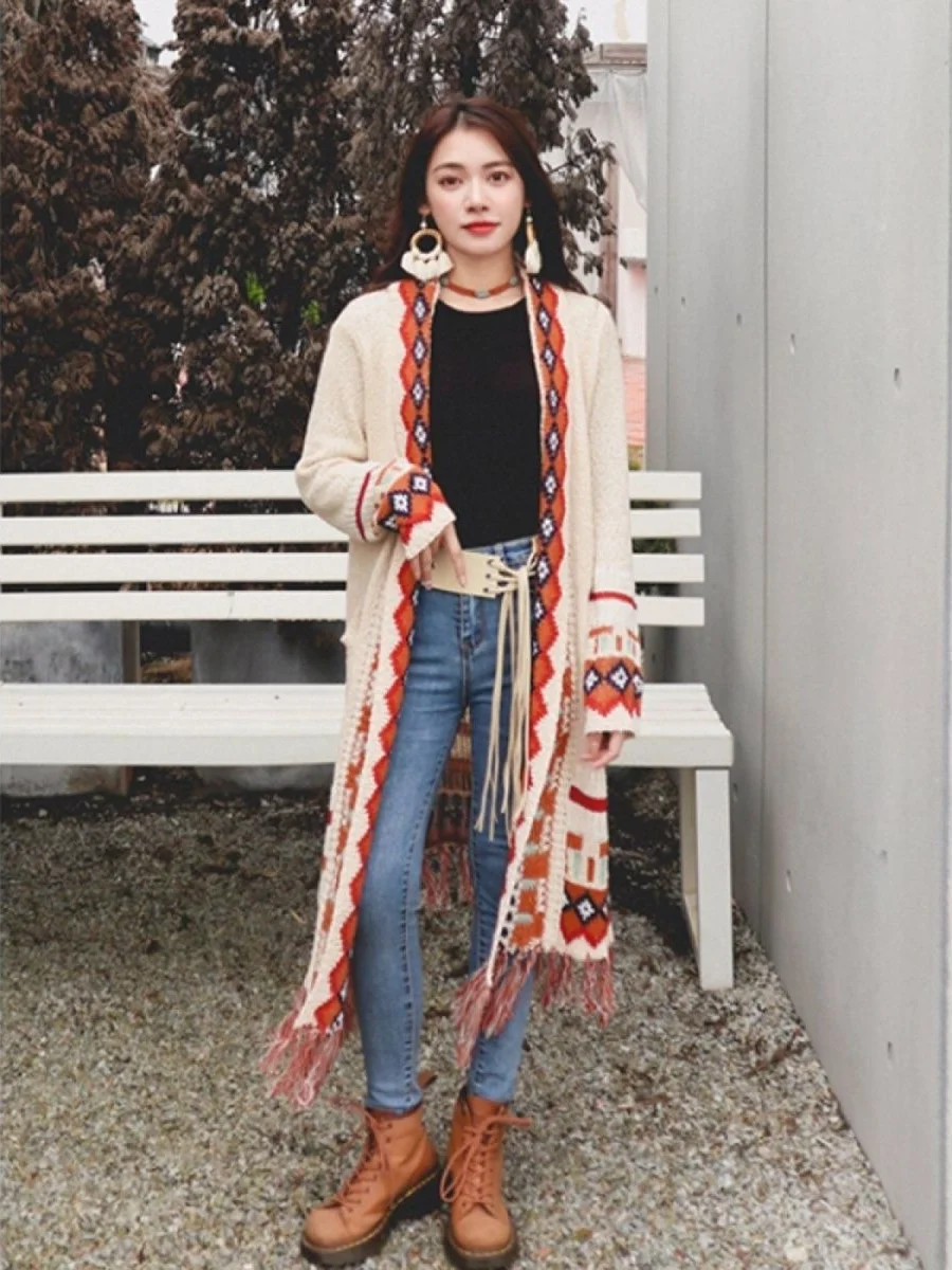Women's Long Knit Cardigan Ethnic Jacquard Crochet V-neck Fringe Hem Belted Bohemian Travel Oversized Sweater Coat