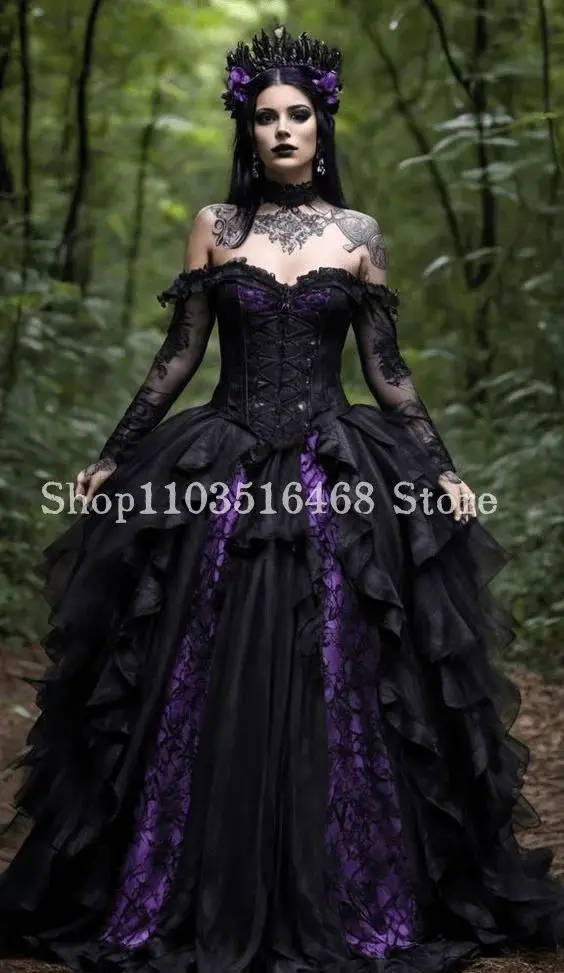 Black Purple Gothic Prom Dress Fluffy Victorian Corset Lace Applique Strapless Tulle Lace Masquerade فستان الزفاف