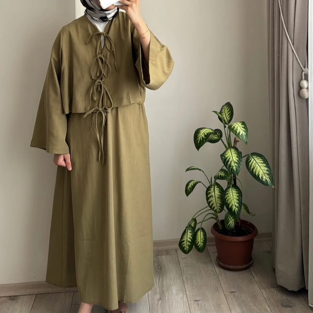 Dress Women Middle East Muslim Sets Solid Skirt Pullover Tops Tracksuit Two Pieces Ankle Length Skirts V Neck Long Sleeve
