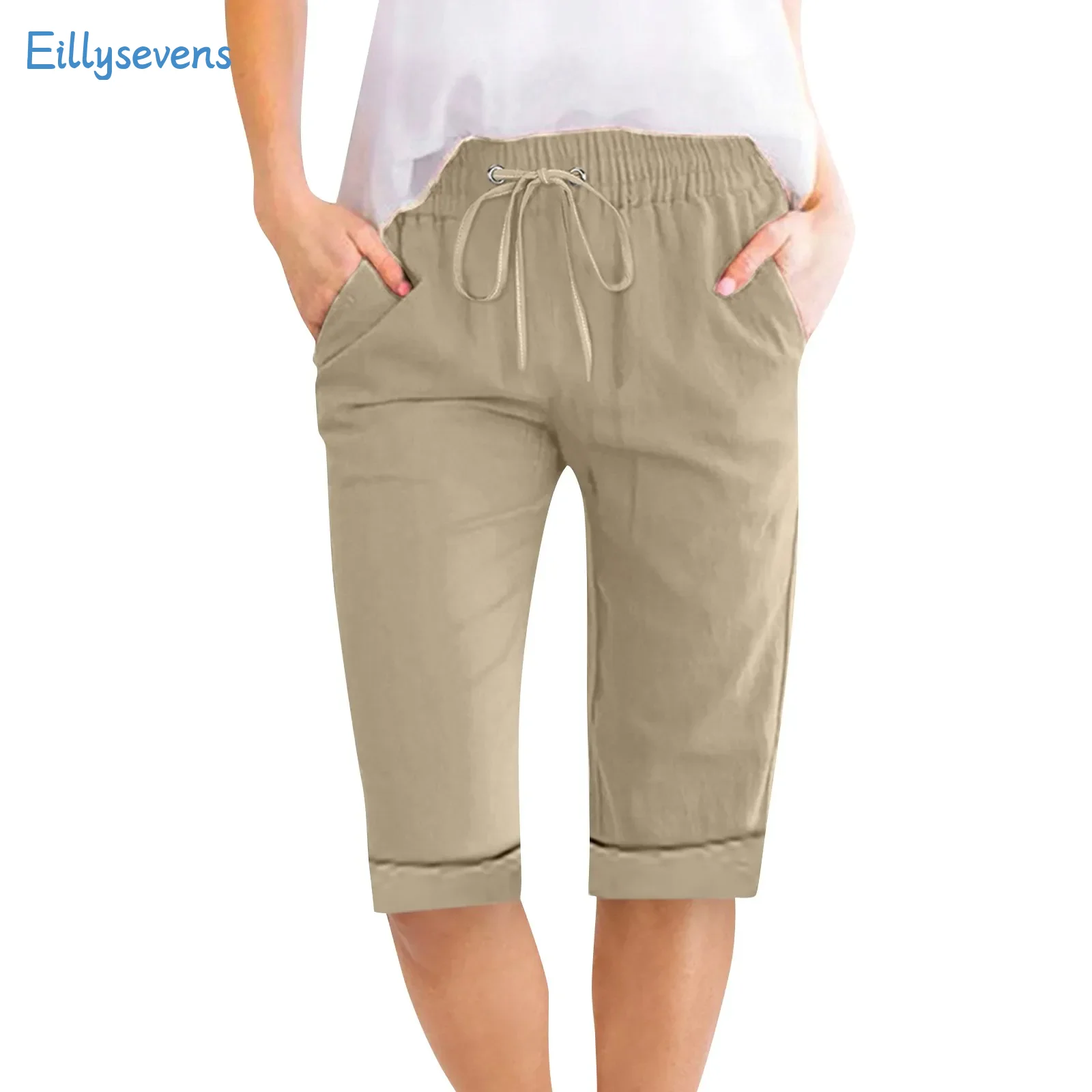 Women Solid Shorts Drawstring Elastic Waist Cotton Linen Casual Straight Fitting Pants With Pockets Cargo Style Five Point Pants