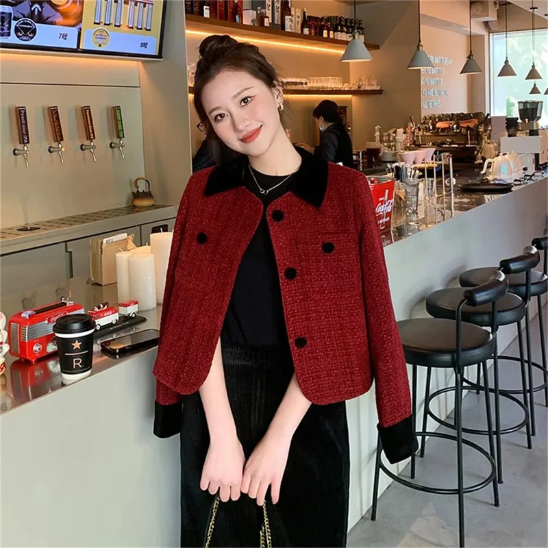 

Wine Red Tweed Coats Female 2025 Autumn Winter Coats New Fashion Short Small Fragrance Jacket Korean All-Match Lapel Outerwear