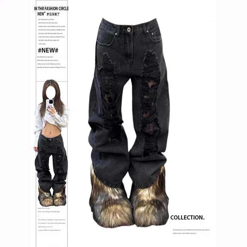 

Womens Black Ripped Jeans High Waist Vintage Classic Straight Baggy Denim Pants Street Y2K American Style Wide Leg Denim